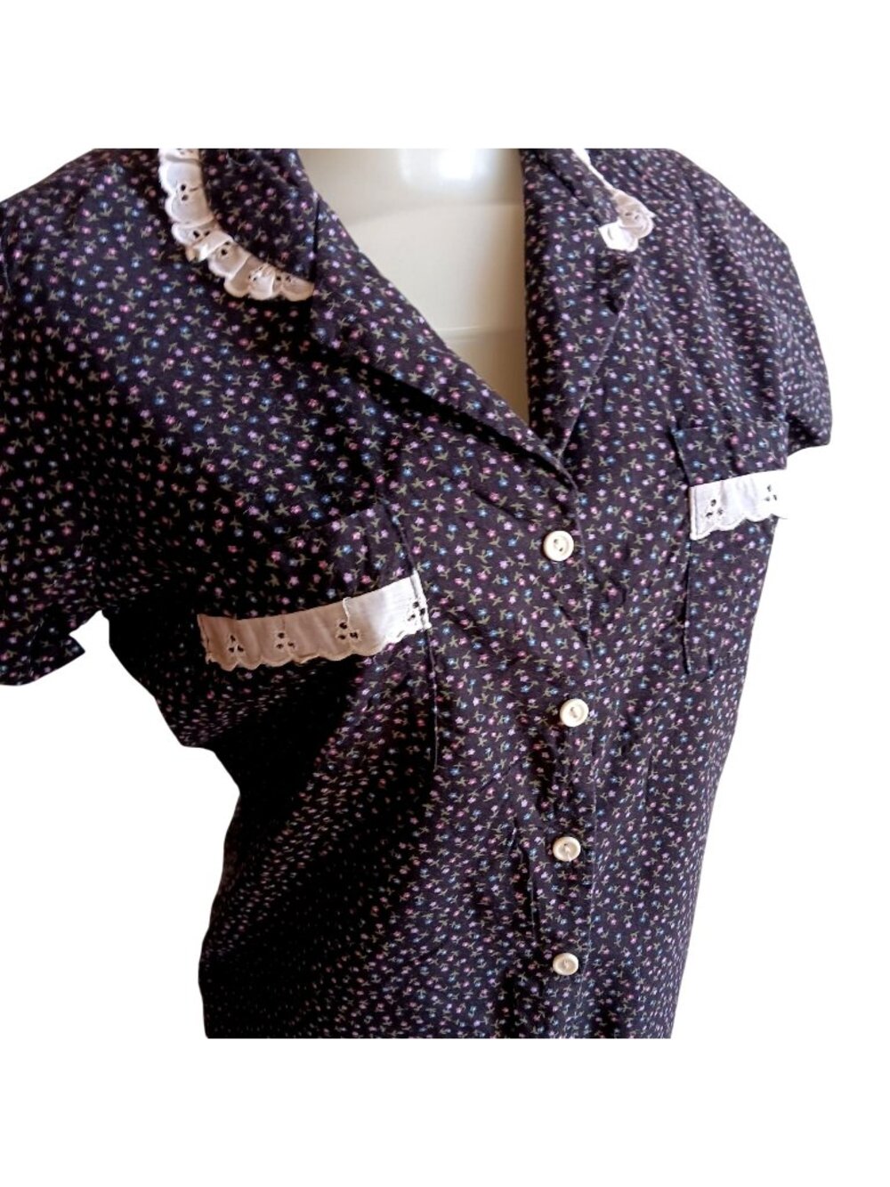 Small True Vintage Top Blouse 1970's Boho Eber San Francisco Floral Lace Collar